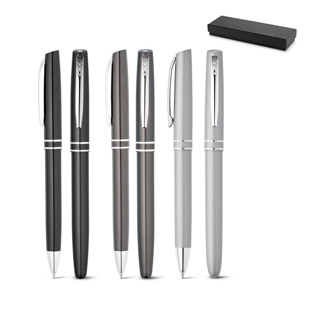 HALEY. Conjunto de roller e esferográfica em alumínio com escrita em azul